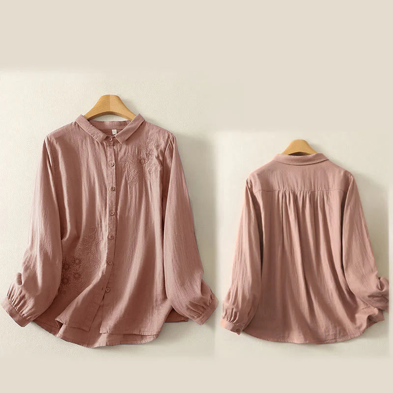 Buddha Stones Embroidered Flower Vine Pattern Long Sleeve Women's Lapel Shirt