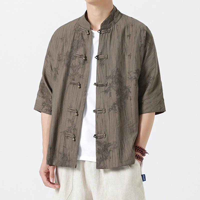 Buddha Stones Summer Pine Needles Pattern Short Sleeve Frog-Button Design Men's Shirt