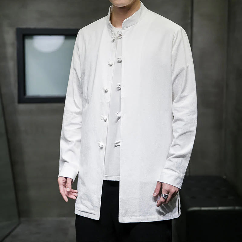 Buddha Stones Simple Tang Suit Plain Chinese Frog-Button Men's Cotton Long Sleeve Jacket Shirt