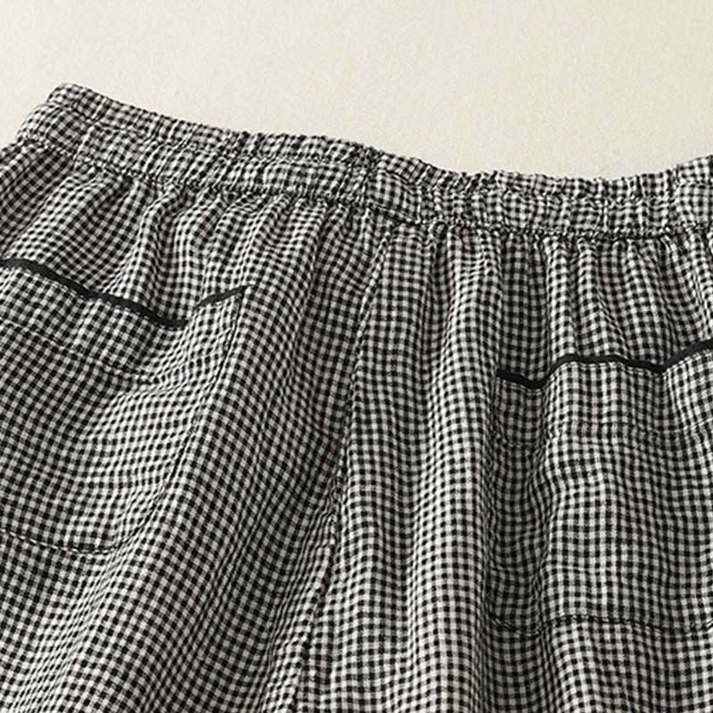 Buddha Stones Plaid Pattern Drawstring Women's Cotton Linen Harem Pants With Pockets