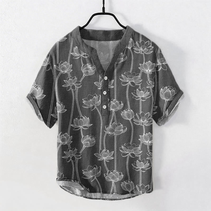 Buddha Stones Cotton Harmonious Lotus Pattern Men's Short Sleeve Half Button Shirt