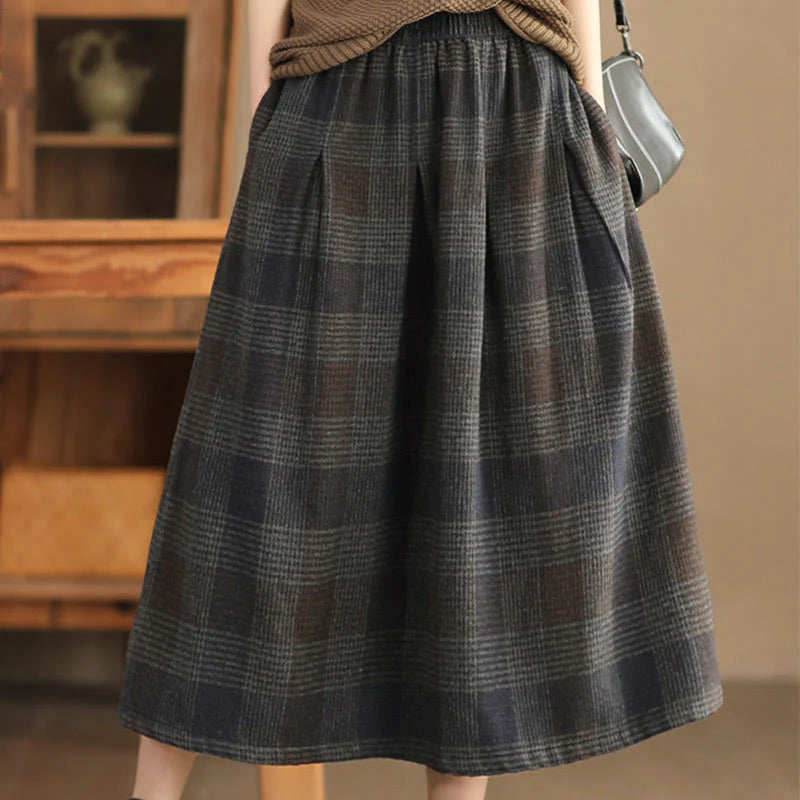 Buddha Stones Women's Winter Plaid Pattern Cotton Thermal 7-8 Length Skirt With Pockets