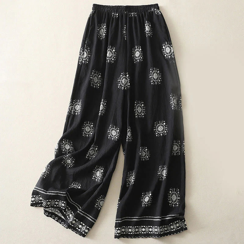 Buddha Stones Bohemian Printing Celestial Pattern Women's Wide Leg Cotton Pants With Pockets