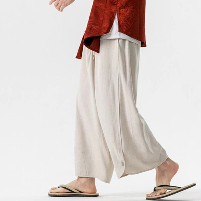 Buddha Stones Summer Plain Drawstring Design Linen Cotton Men's 7-8 Length Pants With Pockets