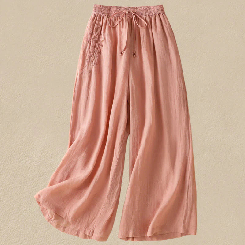 Buddha Stones Commute Embroidery Drawstring Women's Cotton Wide Leg Pants With Pockets