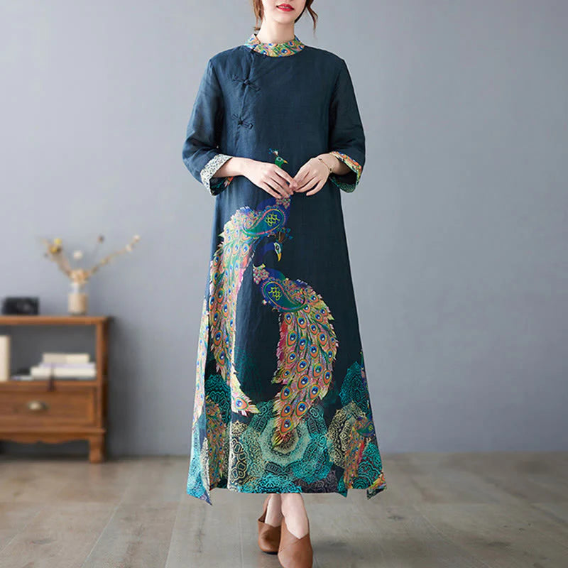 Buddha Stones Fall Colorful Peacocks Mandala Frog-Button Three Quarter Sleeve Cotton Women's Midi Dress