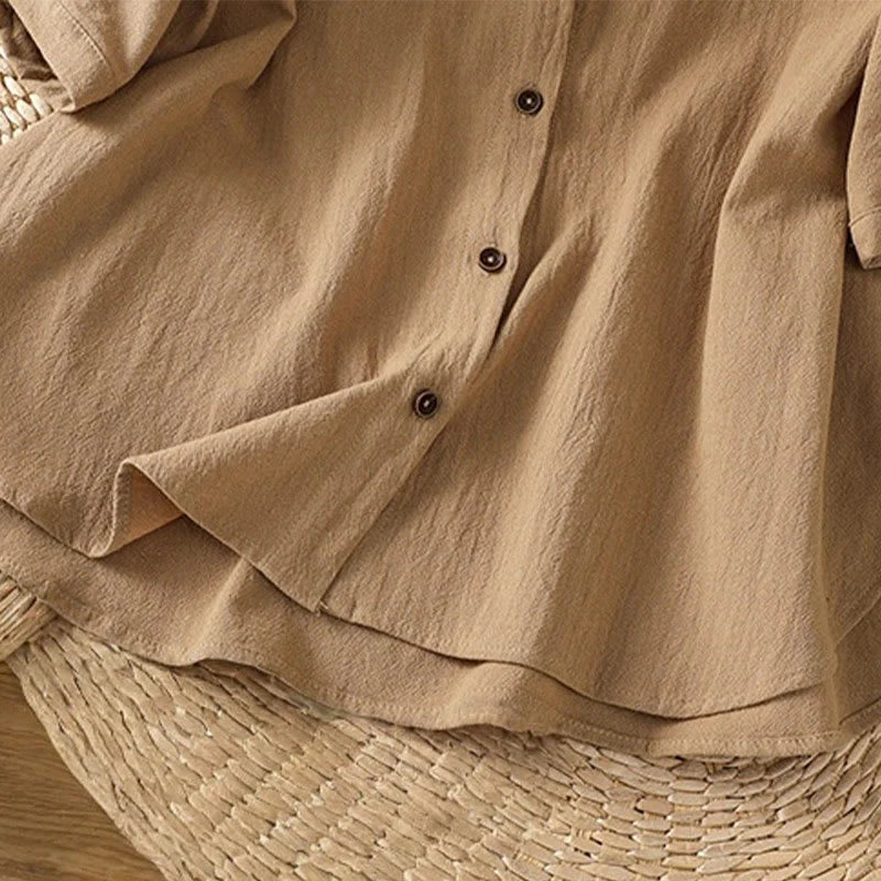 Buddha Stones Casual Plain Buttons Half Sleeve Women's Cotton Linen Shirt With Pocket