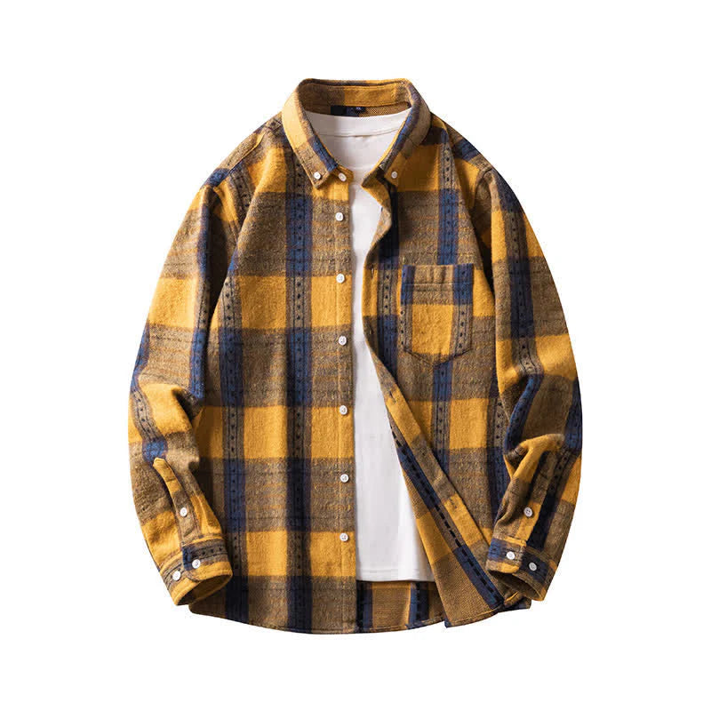 Buddha Stones Commute Multicolor Plaid Button Men's Cotton Long Sleeve Shirts With Pocket