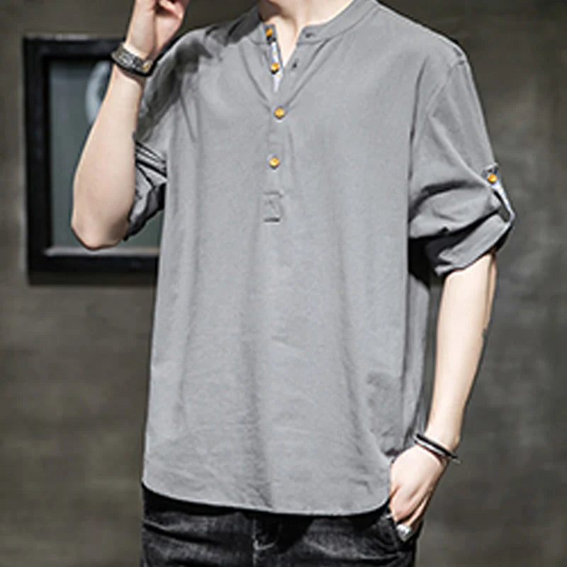 Buddha Stones Summer Solid Men's Half Buttons Half Sleeve Linen Shirt