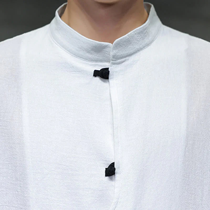 Buddha Stones Plain Chinese Frog-Button Stand Collar Cotton Linen Men's Half Sleeve Shirt