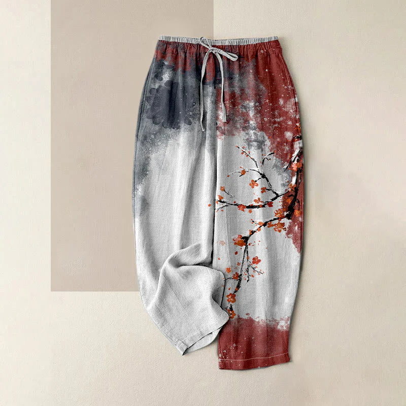 Buddha Stones Pure Cotton Plum Blossom Snow Pattern Women's Elastic Waist Pants With Pockets