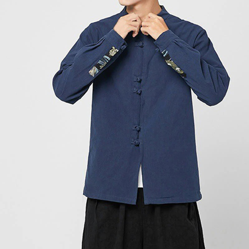 Buddha Stones Men's Frog-Button Dragon Pattern Cuffs Cotton Long Sleeve Shirt