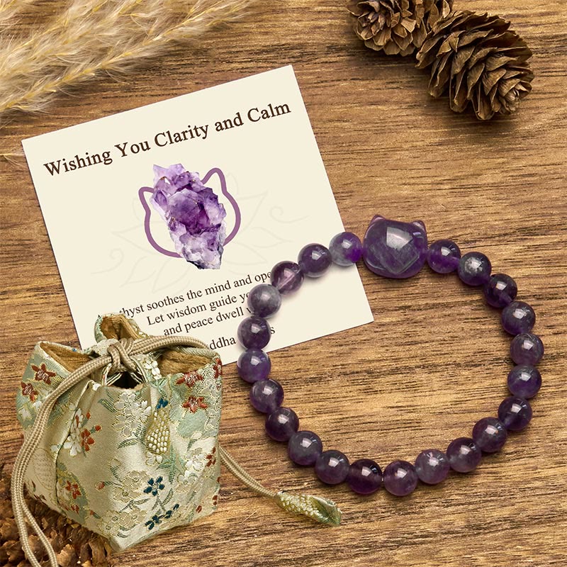 Buddha Stones Wishing You Clarity and Calm Cute Cat Amethyst Bracelet Includes Gift Message Card