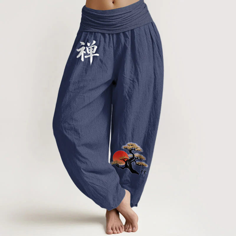 Buddha Stones Pure Cotton Simple Style Sun Pine Chinese Character Pattern Women's Elastic Waist Harem Pants