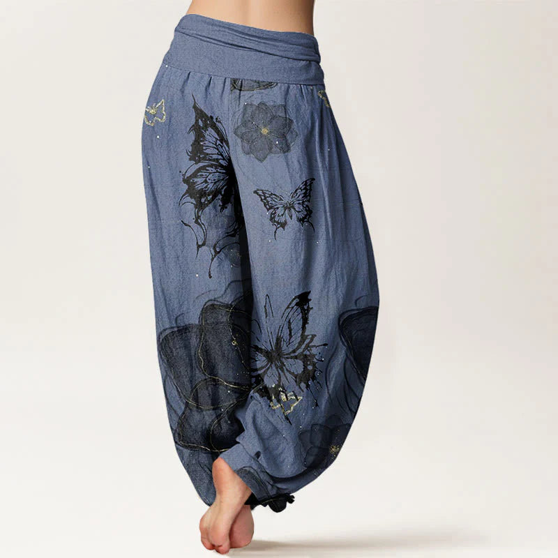 Buddha Stones Cotton Butterfly Flowers Pattern Women's Elastic Waist Harem Pants