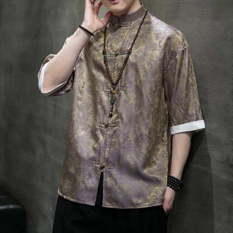 Buddha Stones Summer Cashew Flowers Pattern Men's Frog-Button Half Sleeve Shirts