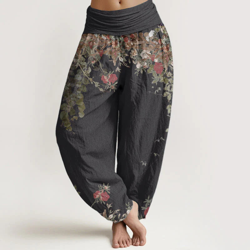 Buddha Stones Pure Cotton Casual Red Peony Flower Vine Design Women's Elastic Waist Harem Pants