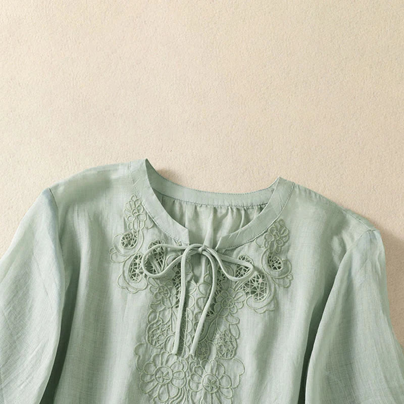 Buddha Stones Summer Embroidery Flower Lace-up Design Notched Collar Women's Short Sleeve Shirt