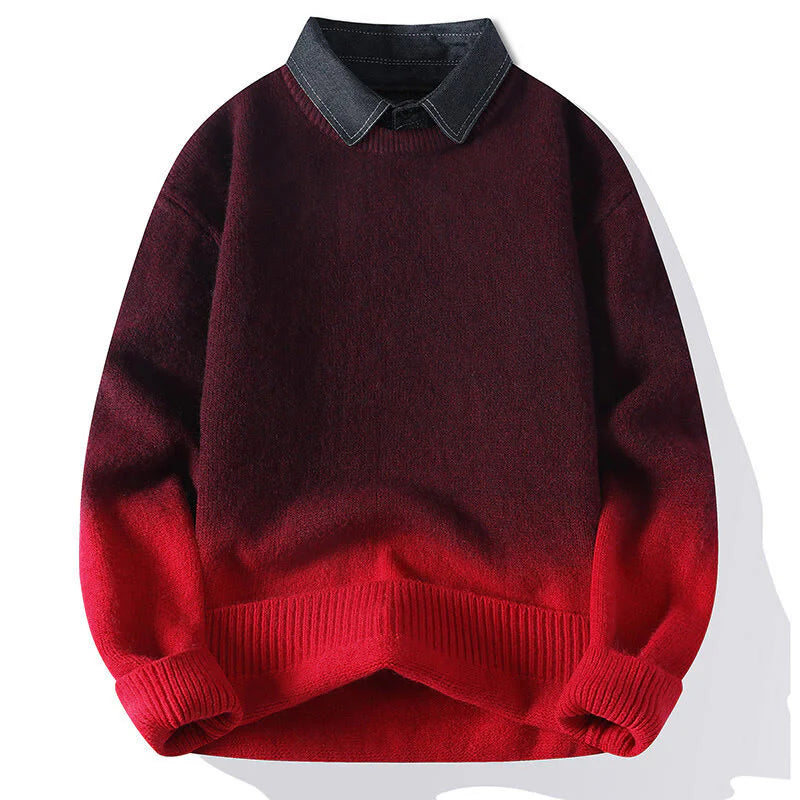 Buddha Stones Winter Stand Collar Gradient Color Design Warm Men's Long Sleeve Knitted Sweater