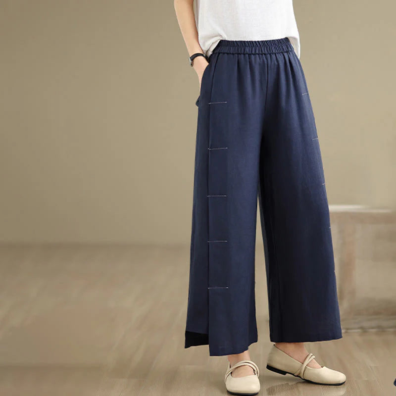 Buddha Stones Spring Casual Navy Simple Line Design Cotton Linen Women's Wide Leg Pants With Pockets
