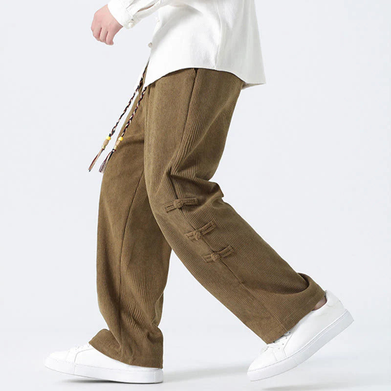 Buddha Stones Plain Chinese Frog-Button Design Drawstring Men's Corduroy Pants With Pockets