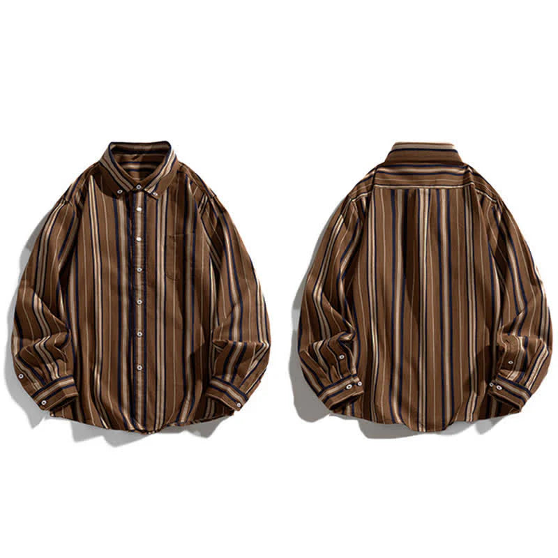 Buddha Stones Retro Color Blocked Stripes Long Sleeve Button Men's Cotton Shirts With Pocket