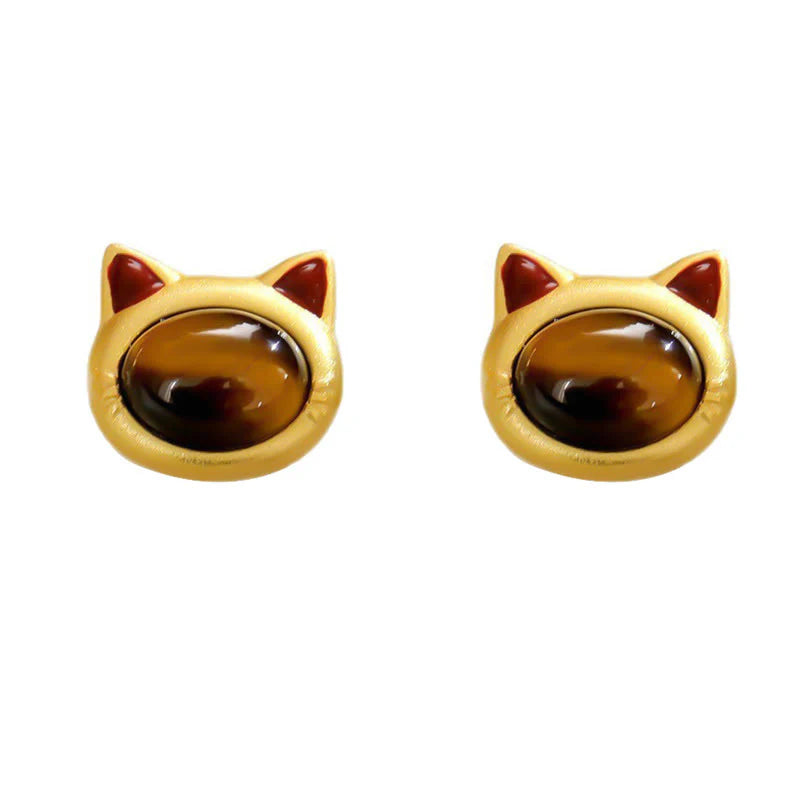 Buddha Stones Turquoise Tiger Eye Cat Head Design Copper Protection Stud Earrings