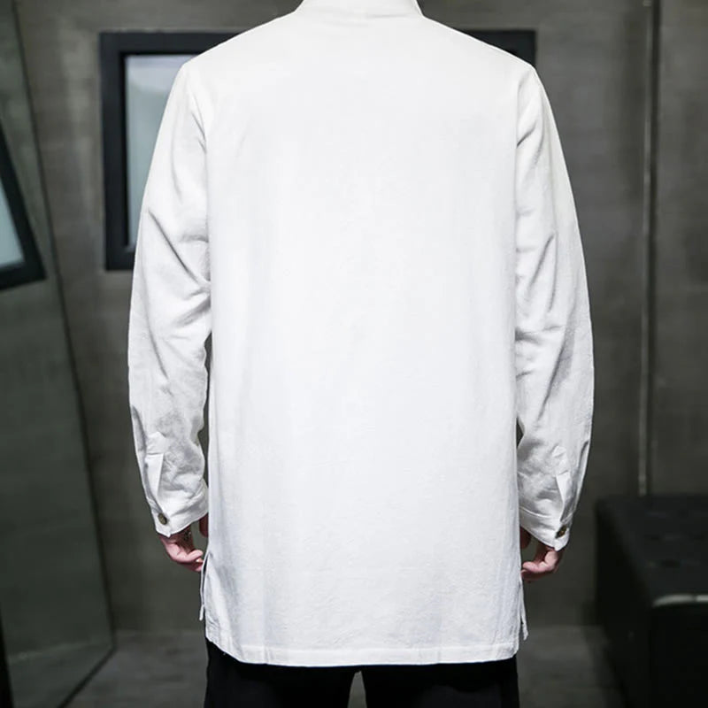 Buddha Stones Simple Tang Suit Plain Chinese Frog-Button Men's Cotton Long Sleeve Jacket Shirt