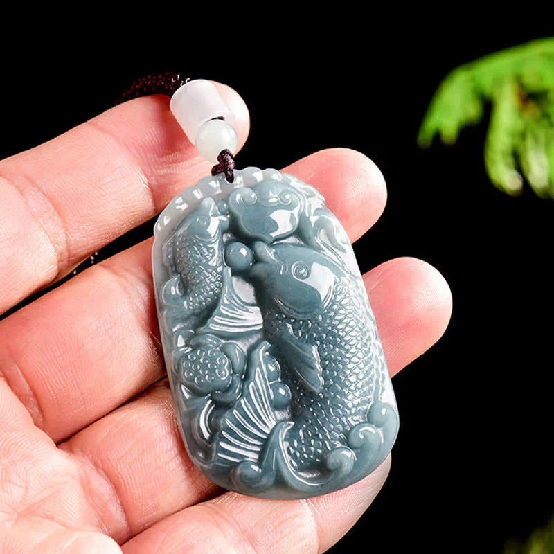 Buddha Stones Natural Jade Carving Double Koi Fish Rope Prosperity Necklace Pendant