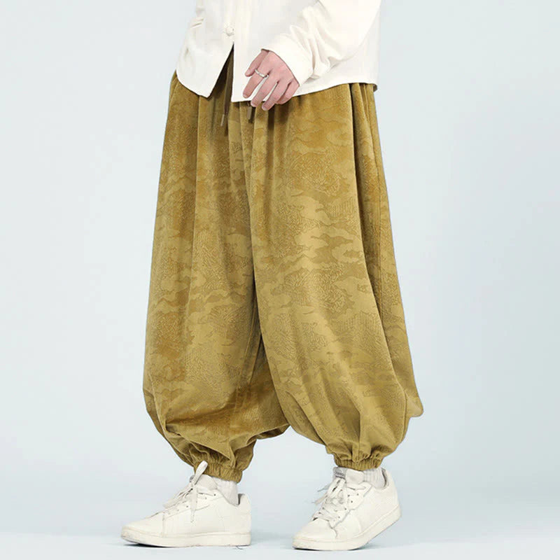 Buddha Stones Fall Plain Jacquard Design Drawstring Men's Harem Pants With Pockets