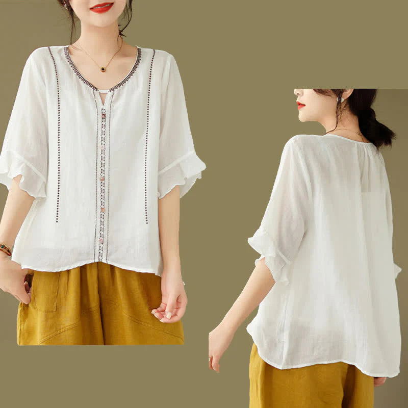 Buddha Stones Embroidery Buttons Crew Neck Flared Short Sleeve Women's Shirt