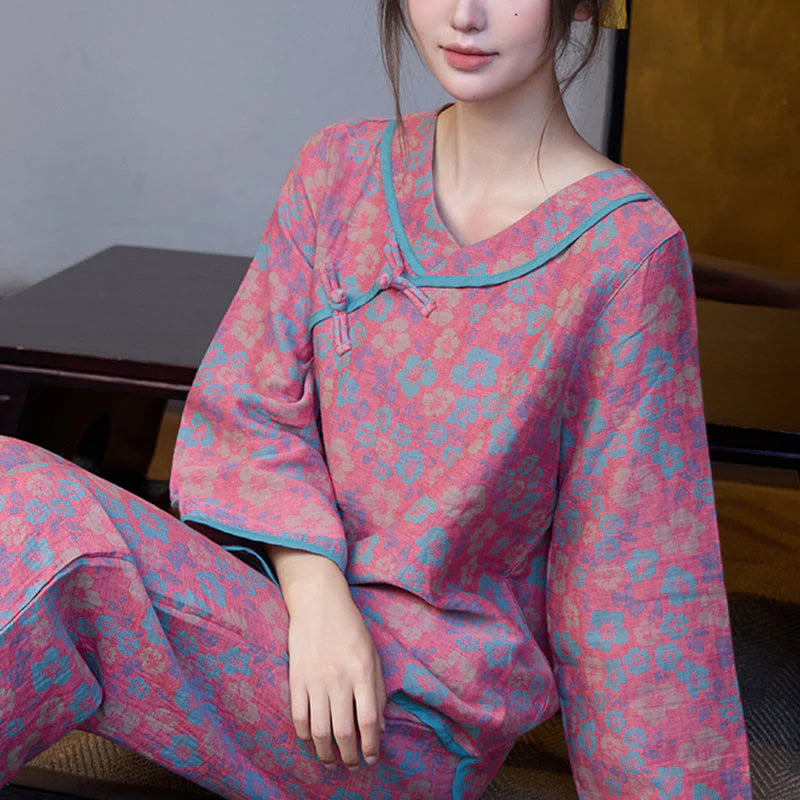 Buddha Stones 2pcs Floral Pattern Frog-Button Long Sleeve Round Neck Shirt Pants Cotton Pajamas Set