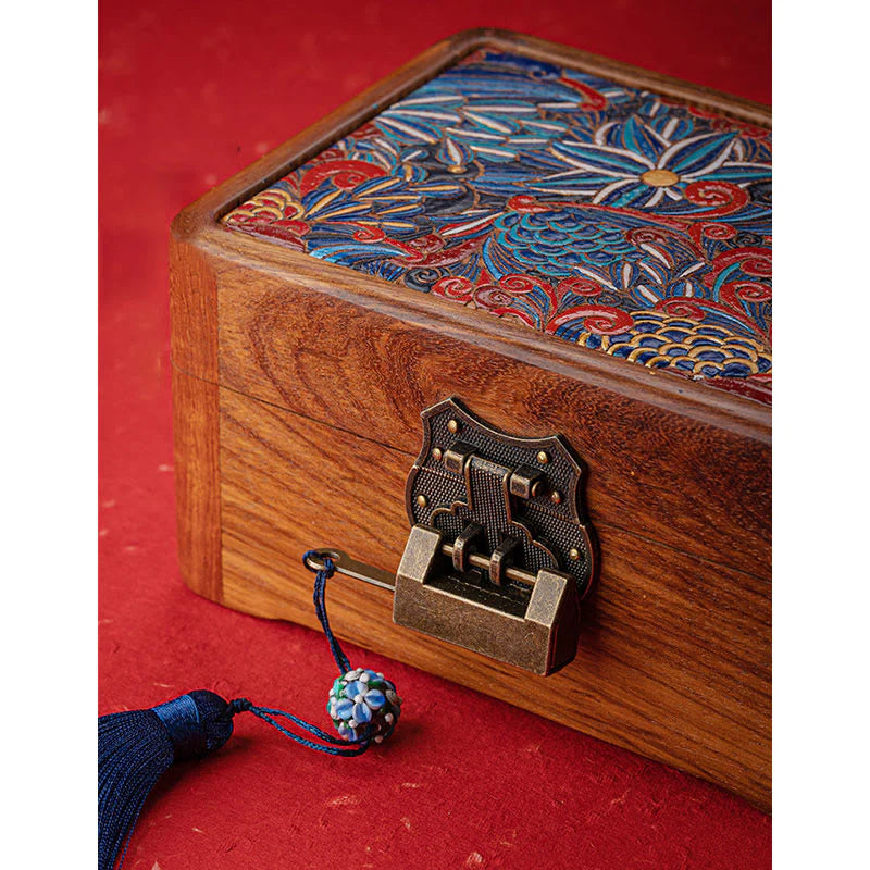 Buddha Stones Retro Handmade Floral Pattern Rosewood Jewelry Storage Box Lockable Wooden Gift Organizer Box