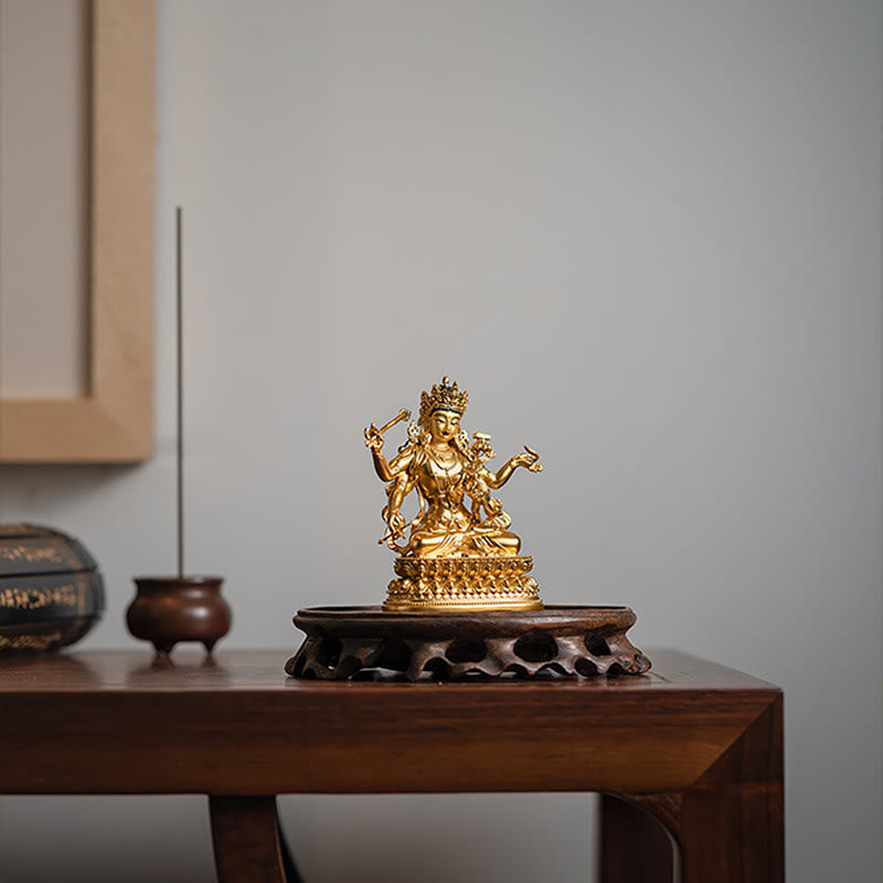 Buddha Stones Four-armed Manjusri Bodhisattva Gold Figurine Compassion Serenity Copper Statue Home Decoration