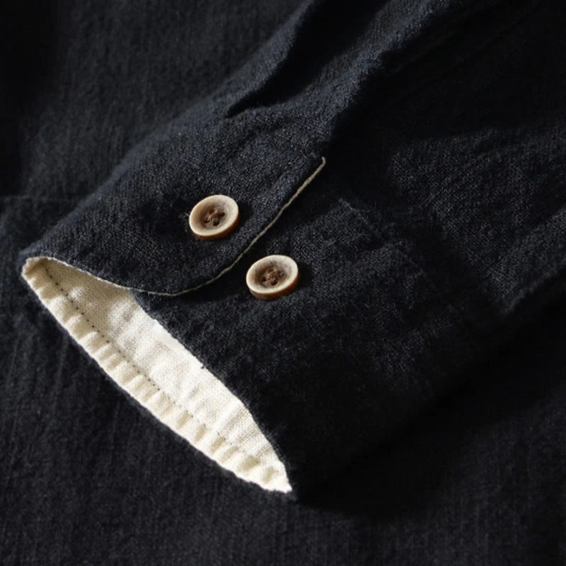 Buddha Stones Solid Color Men's Buttons Long Sleeve Cotton Linen Shirt With Pockets
