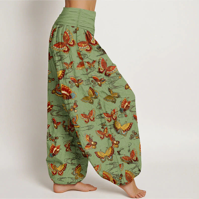 Buddha Stones Cotton Colorful Butterfly Pattern Women's Elastic Waist Harem Pants