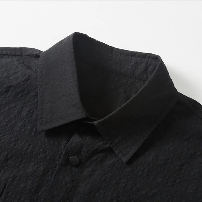 Buddha Stones Spring Solid Color Textured Long Sleeve Button Men's Lapel Shirts With Pocket