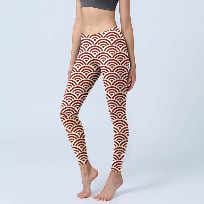 Buddha Stones Red Beige Fan Shapes Print Gym Leggings Women's Yoga Pants