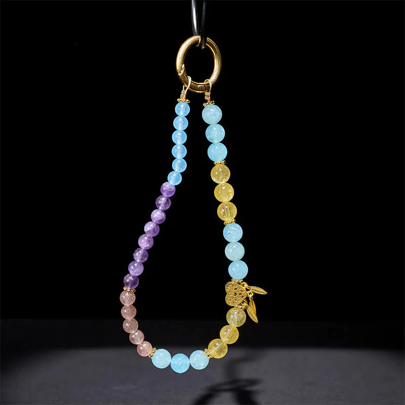 Buddha Stones Blue Chalcedony Citrine Heart Design Energy Key Chain Phone Hanging Decoration