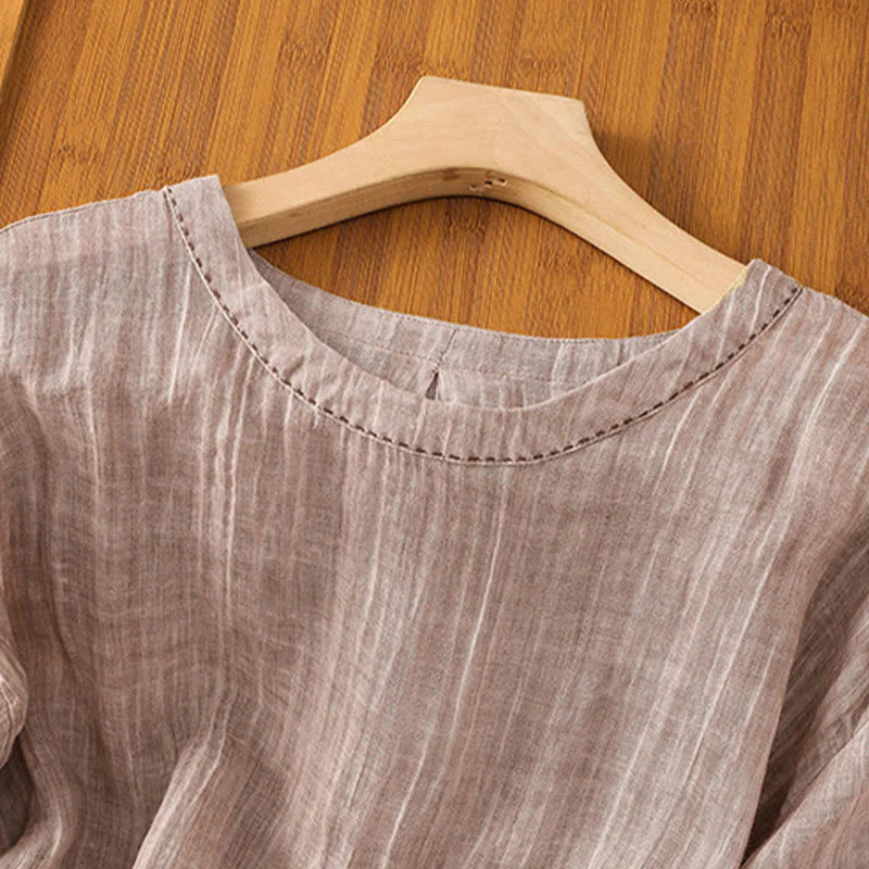 Buddha Stones Casual Summer Plain Crew Neck Women's  Cotton Linen Three Quarter Sleeve T-Shirt