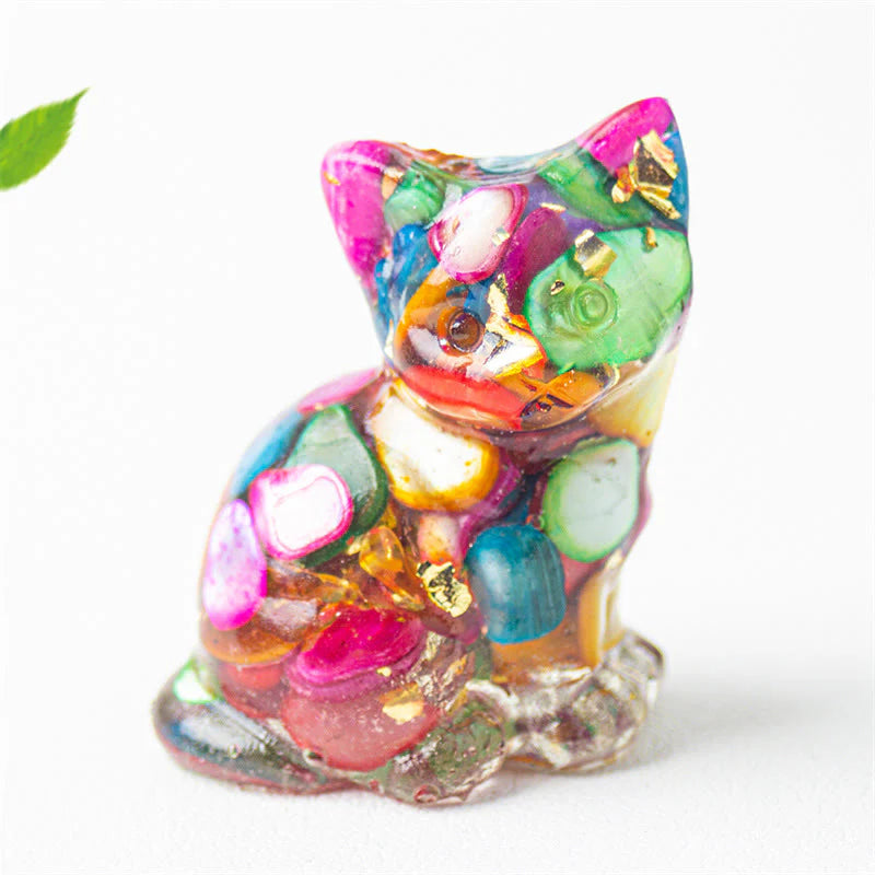 Buddha Stones Sitting Cat  Resin Gravel Pink Crystal Citrine White Crystal Lapis Lazuli Soothing Desktop Decoration