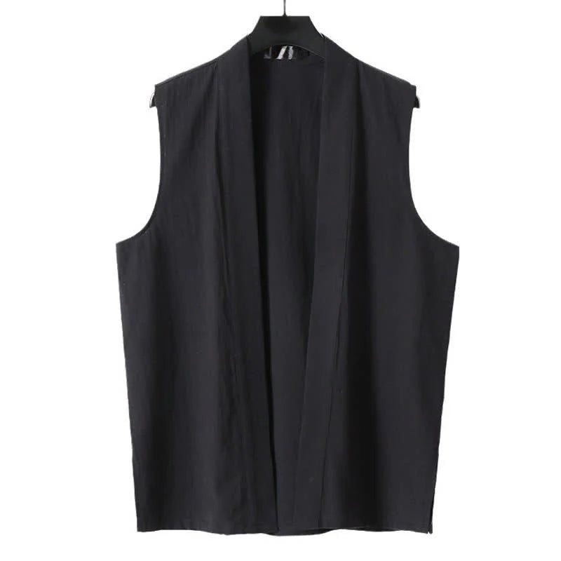 Buddha Stones Spring Pure Color Open Front Design Men's Cotton Linen Sleeveless Kimono