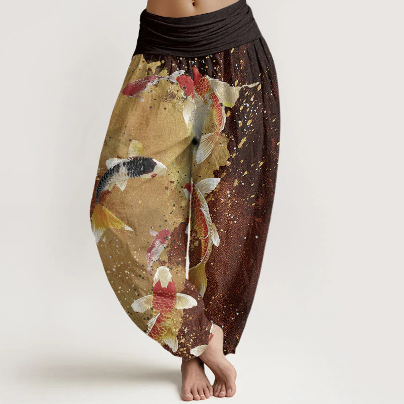 Buddha Stones Cotton Casual Koi Fish Gold Ink Background Pattern Women's Elastic Waist Harem Pants