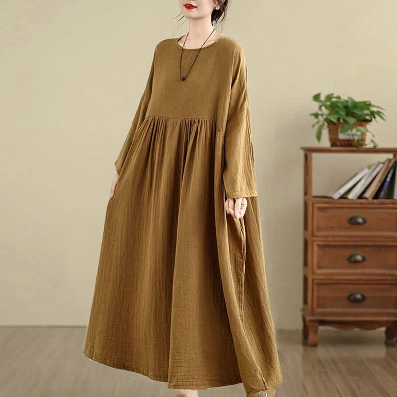 Buddha Stones Commute Pure Color Long Sleeve Cotton Linen Midi Dress With Pockets