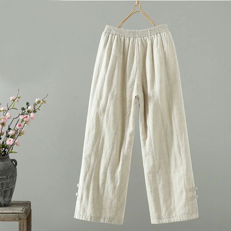 Buddha Stones Embroidered Frog Button Padded Women's Wide Leg Pants With Pockets