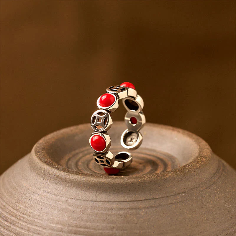 Buddha Stones Jade South Red Agate Copper Coin Prosperity Luck Open Ring