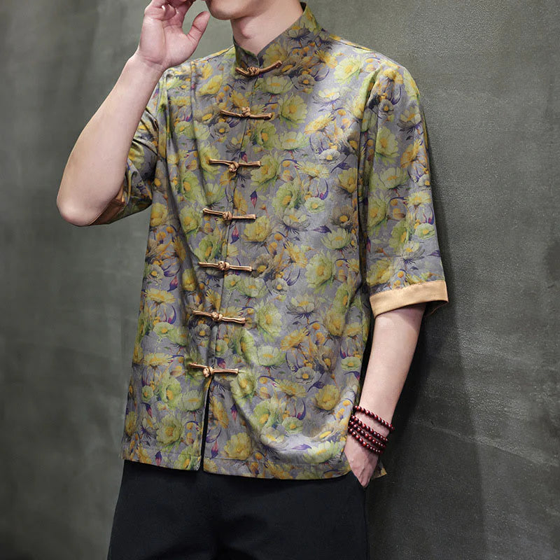 Buddha Stones Summer Colorful Floral Leaves Pattern Short Sleeve Frog-button Design Men's Cotton Shirt