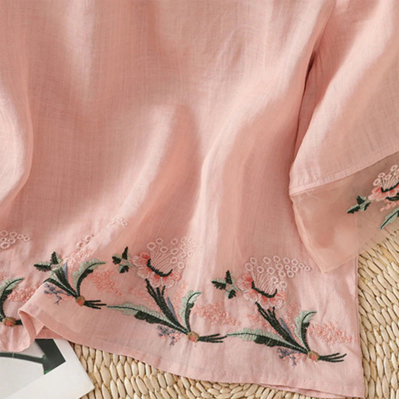 Buddha Stones Casual Floral Embroidery Crew Neck Women's Frog-Button Polyester Half Sleeve Shirt