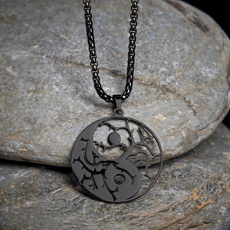 Buddha Stones Branches Hollow Yin Yang Design Stainless Steel Balance Necklace Pendant