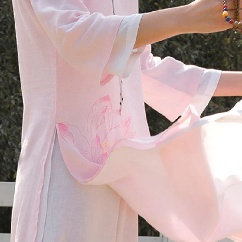 Buddha Stones 2Pcs Lotus Pattern Tai Chi Meditation Yoga Cotton Linen Clothing Top Pants Women's Set  (Extra 30% Off | USE CODE: FS30)